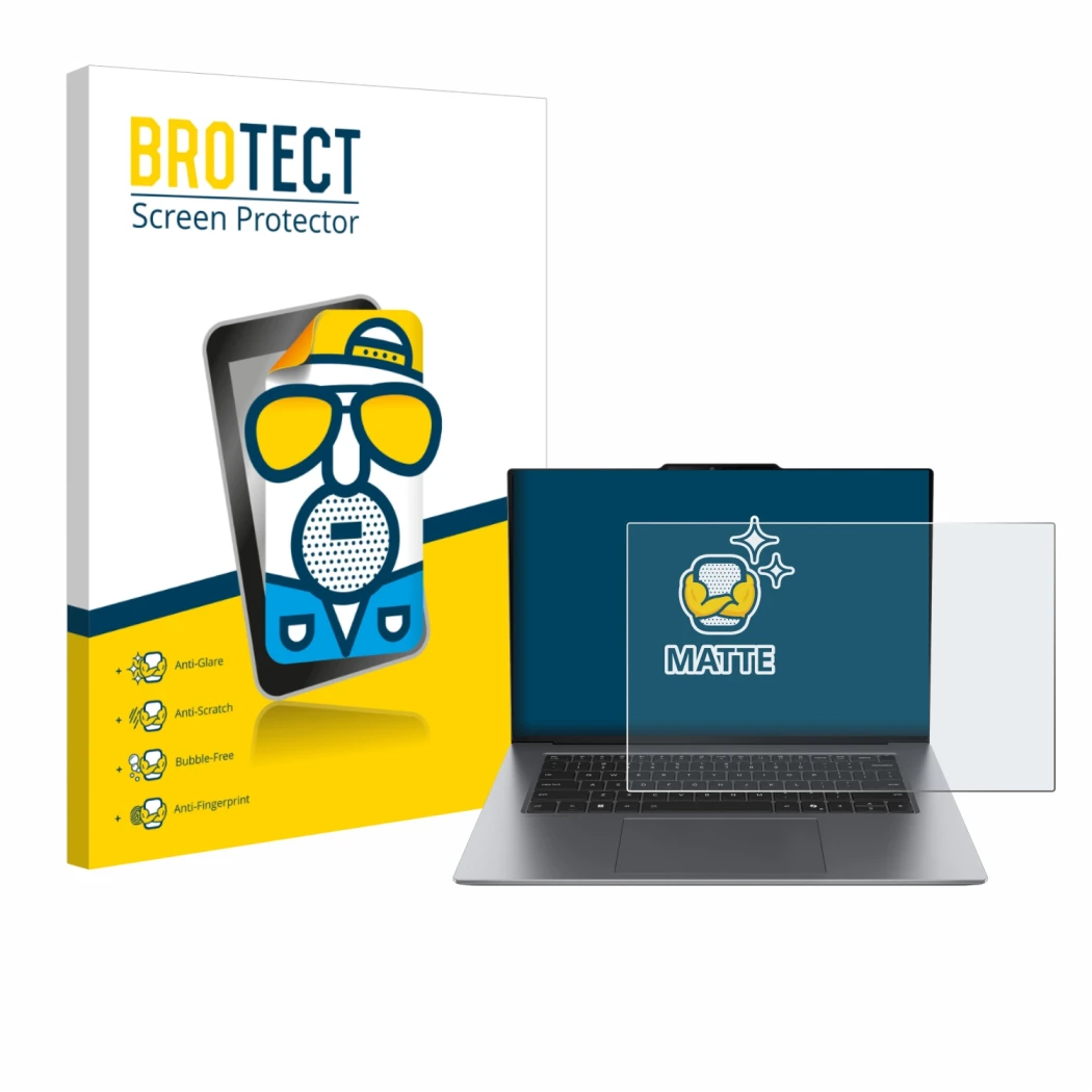 Parte frontal de un envase de producto con el logotipo de la marca BROTECT. Al lado se muestra el dispositivo Lenovo ThinkPad 