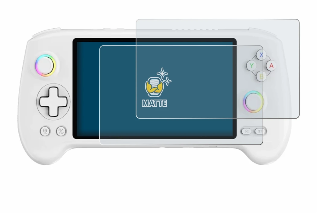 Imagen del dispositivo Anbernic RG557 con una amplia variedad de protectores de pantalla.