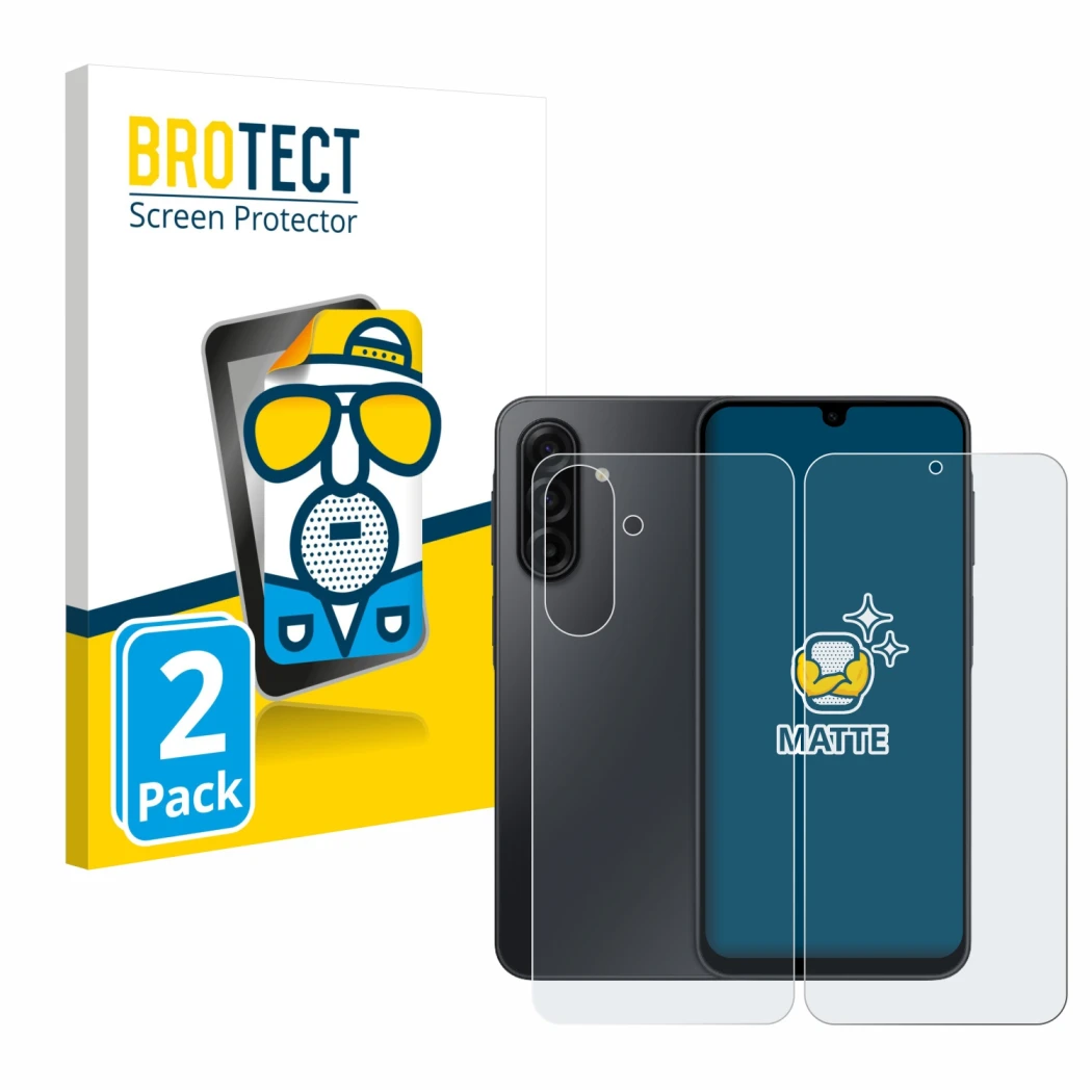 Parte frontal de un envase de producto con el logotipo de la marca BROTECT. Al lado se muestra el dispositivo Samsung Galaxy A