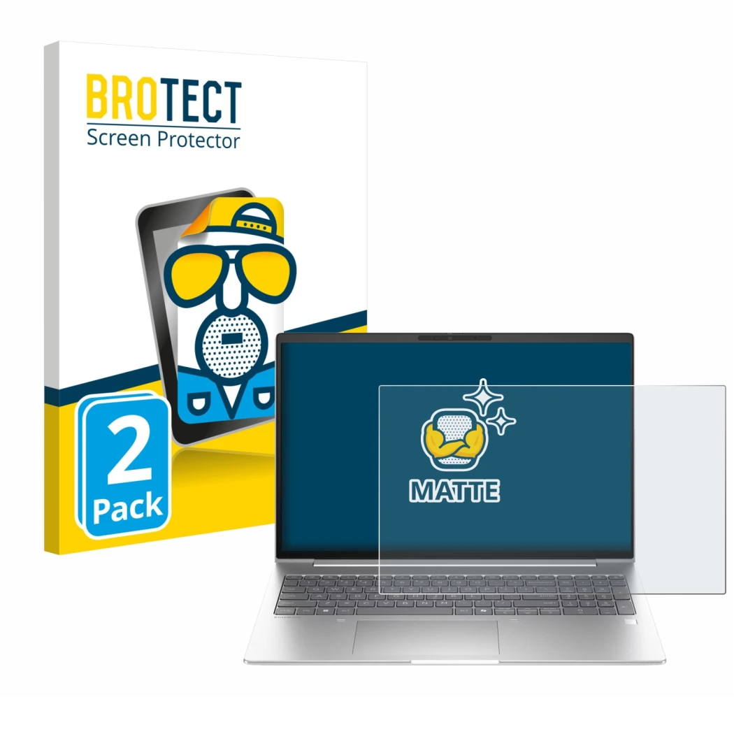 Parte frontal de un envase de producto con el logotipo de la marca BROTECT. Al lado se muestra el dispositivo HP EliteBook 6 G