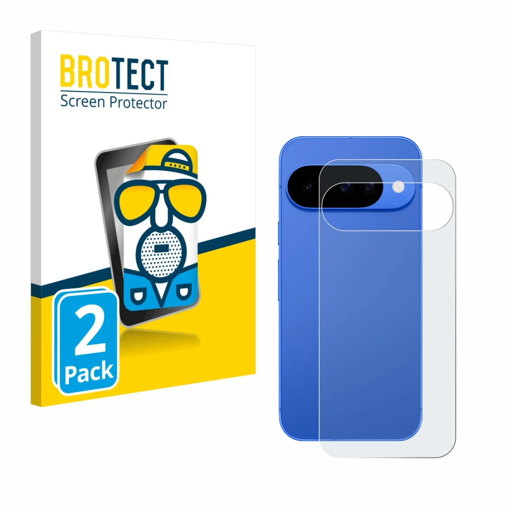 Parte frontal de un envase de producto con el logotipo de la marca BROTECT. Al lado se muestra el dispositivo Google Pixel 10