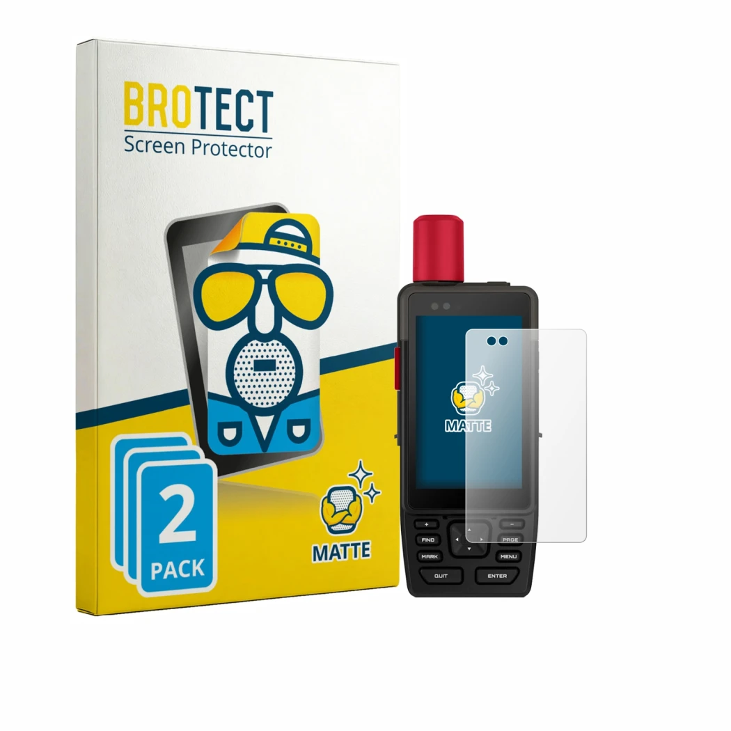 Parte frontal de un envase de producto con el logotipo de la marca BROTECT. Al lado se muestra el dispositivo Garmin GPSMAP H1