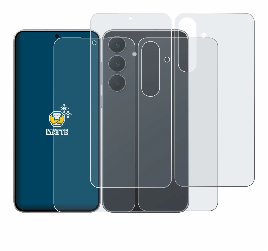 Imagen del dispositivo Samsung Galaxy S25 FE (Frontal+Trasero) con una amplia variedad de protectores de pantalla.