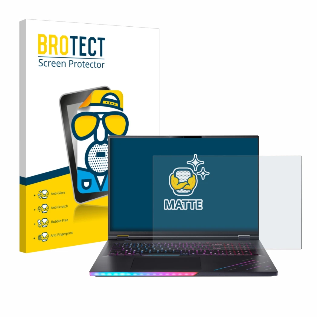 Parte frontal de un envase de producto con el logotipo de la marca BROTECT. Al lado se muestra el dispositivo Acer Predator He