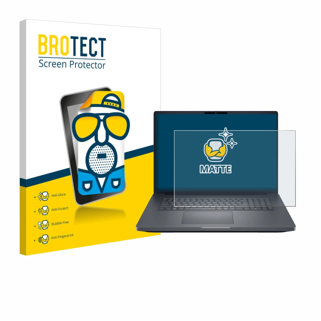 Parte frontal de un envase de producto con el logotipo de la marca BROTECT. Al lado se muestra el dispositivo Dell Pro Max 18 