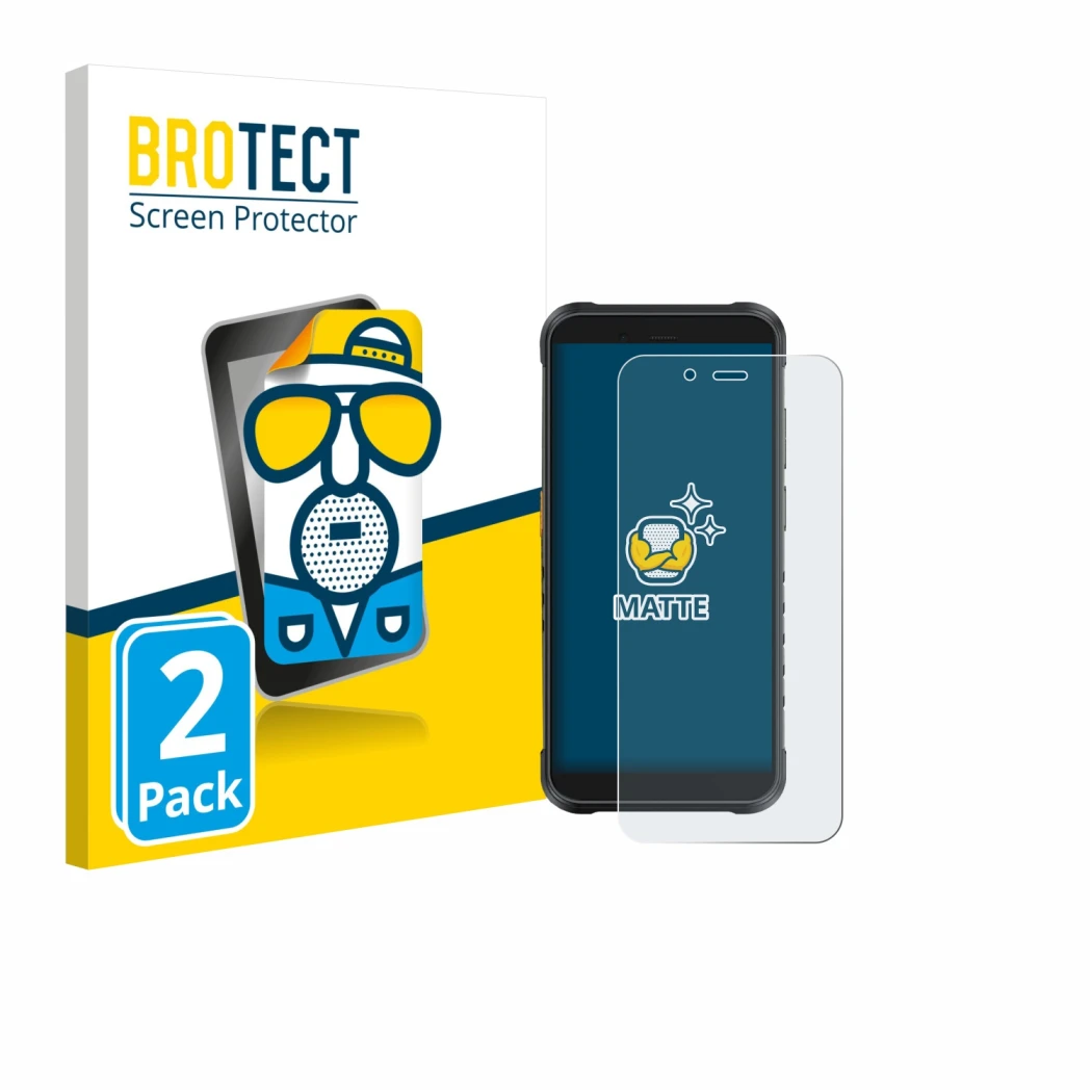 Parte frontal de un envase de producto con el logotipo de la marca BROTECT. Al lado se muestra el dispositivo Ulefone RugKing
