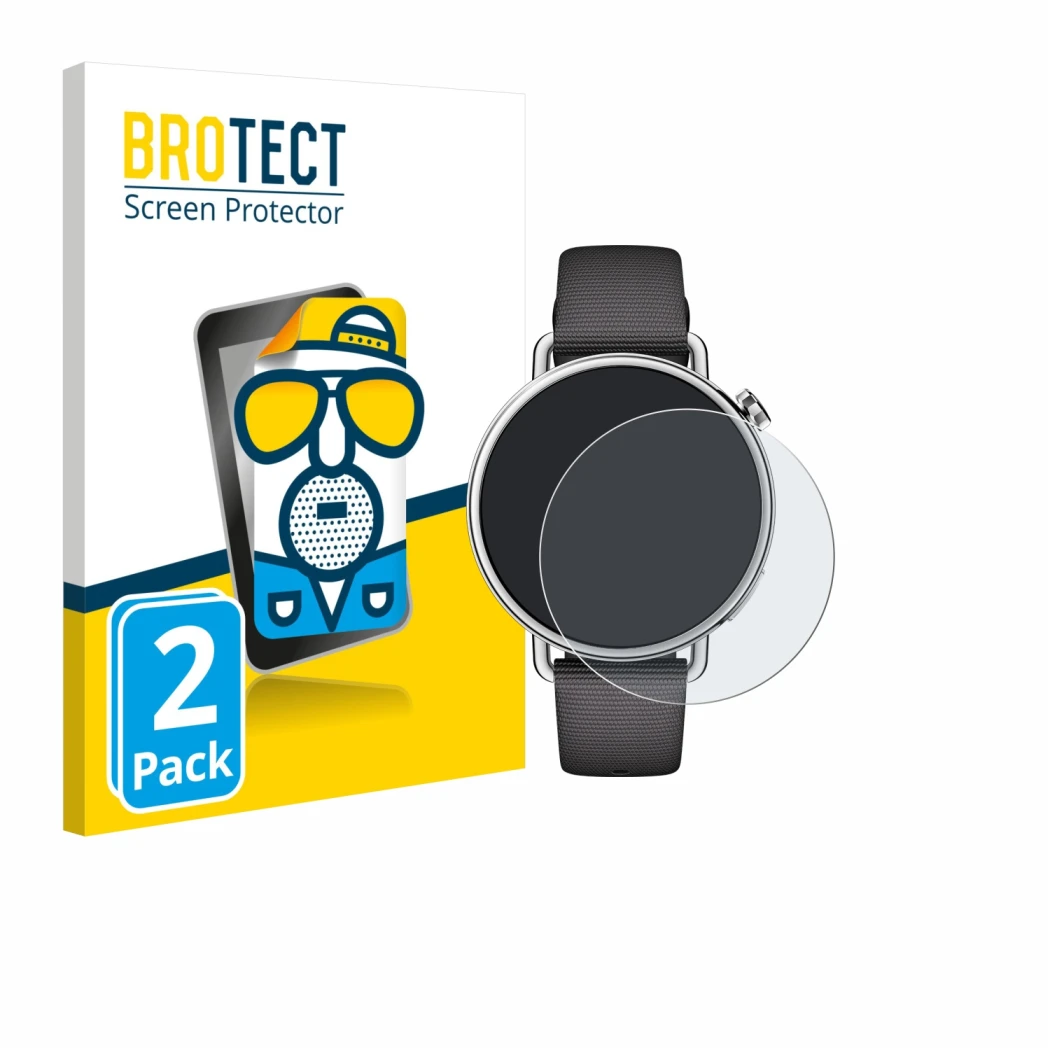 Parte frontal de un envase de producto con el logotipo de la marca BROTECT. Al lado se muestra el dispositivo Xiaomi Watch S4 