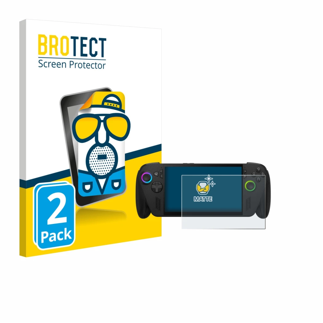 Parte frontal de un envase de producto con el logotipo de la marca BROTECT. Al lado se muestra el dispositivo ASUS ROG Ally X 