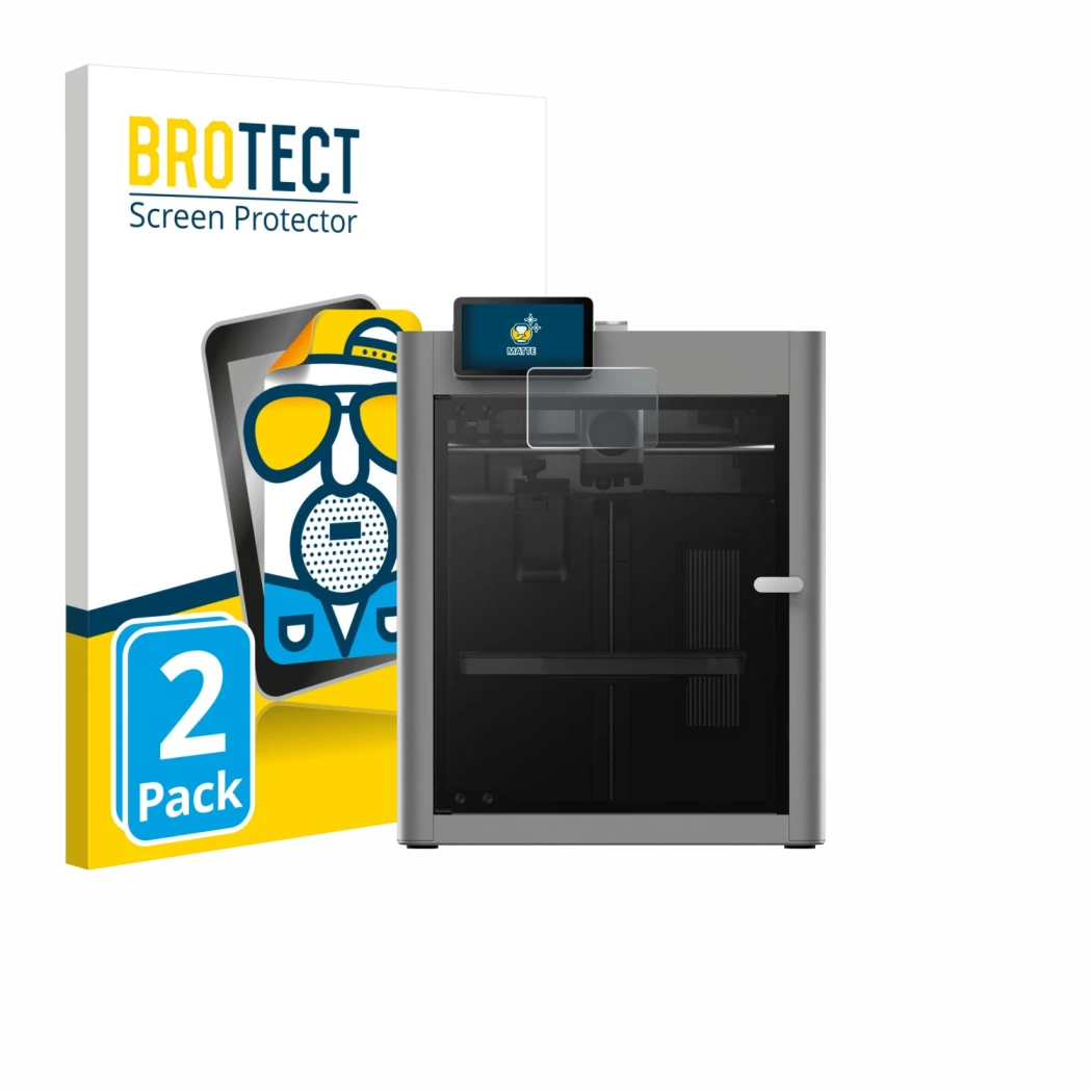 Parte frontal de un envase de producto con el logotipo de la marca BROTECT. Al lado se muestra el dispositivo Bambu Lab P2S 3D