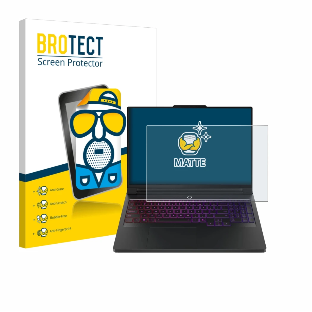 Parte frontal de un envase de producto con el logotipo de la marca BROTECT. Al lado se muestra el dispositivo Lenovo Legion Pr