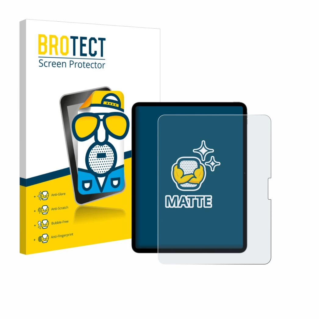 Parte frontal de un envase de producto con el logotipo de la marca BROTECT. Al lado se muestra el dispositivo Apple iPad Pro 1