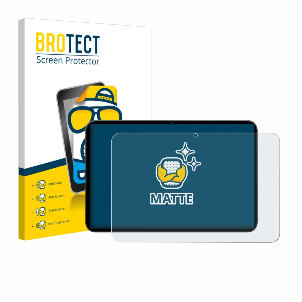 Parte frontal de un envase de producto con el logotipo de la marca BROTECT. Al lado se muestra el dispositivo Tabwee T60 PRO 1