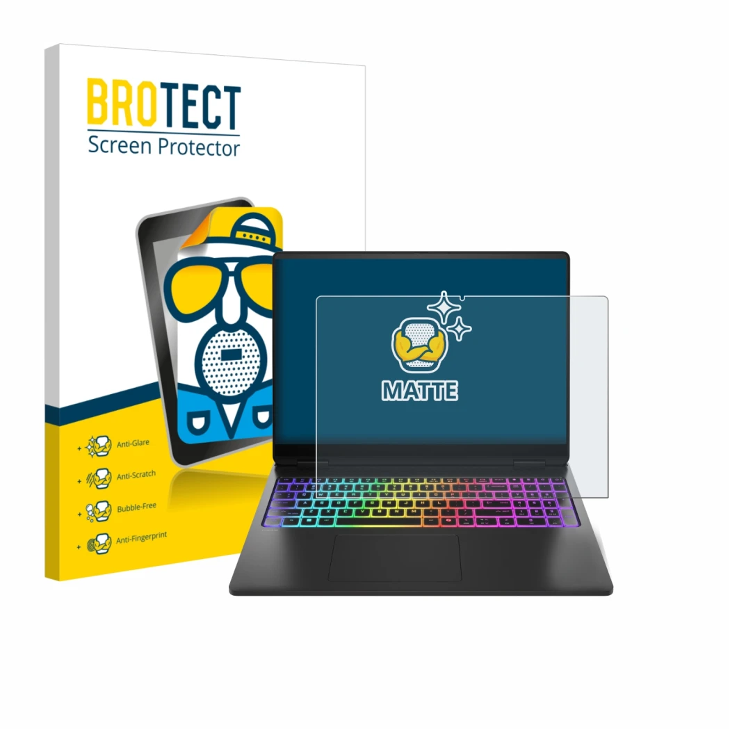 Parte frontal de un envase de producto con el logotipo de la marca BROTECT. Al lado se muestra el dispositivo HP Omen Max 16 c