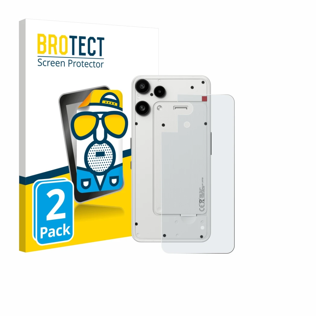 Parte frontal de un envase de producto con el logotipo de la marca BROTECT. Al lado se muestra el dispositivo Nothing Phone (3