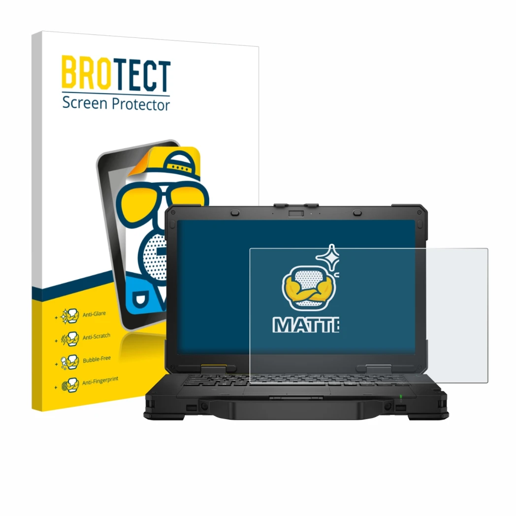 Parte frontal de un envase de producto con el logotipo de la marca BROTECT. Al lado se muestra el dispositivo Dell Pro Rugged