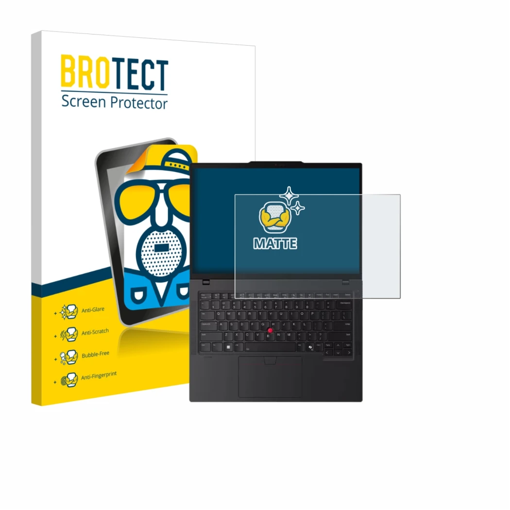 Parte frontal de un envase de producto con el logotipo de la marca BROTECT. Al lado se muestra el dispositivo Lenovo ThinkPad