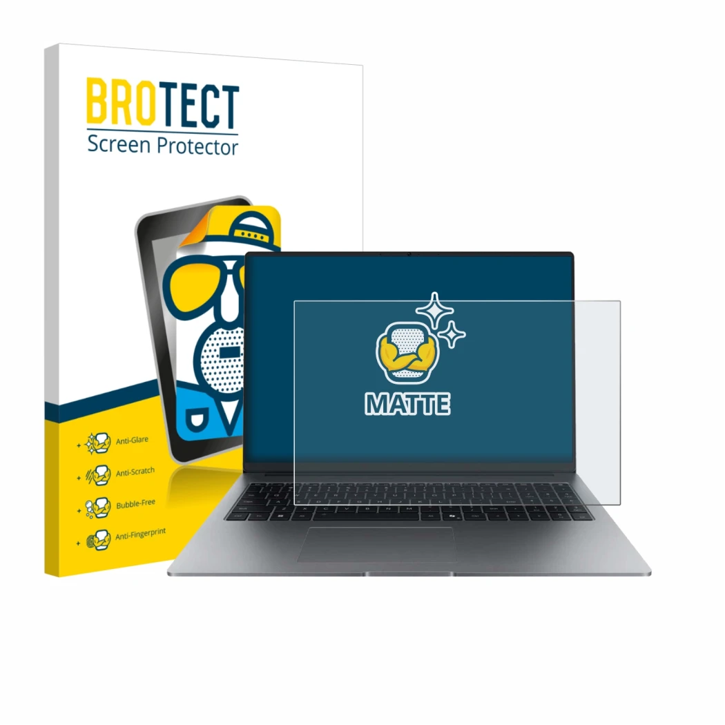 Parte frontal de un envase de producto con el logotipo de la marca BROTECT. Al lado se muestra el dispositivo Honor MagicBook