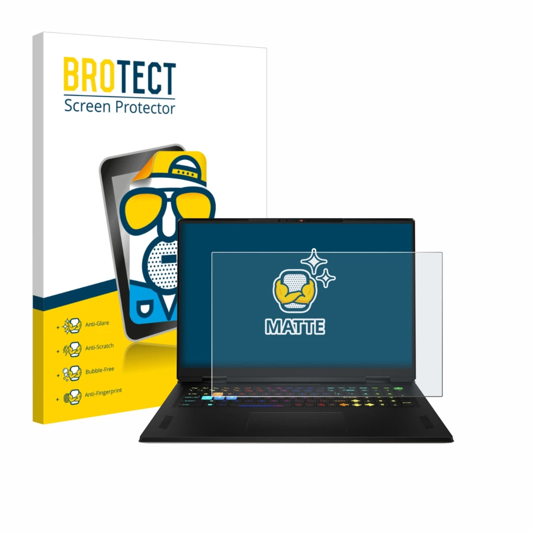 Parte frontal de un envase de producto con el logotipo de la marca BROTECT. Al lado se muestra el dispositivo MSI Vector A18 H