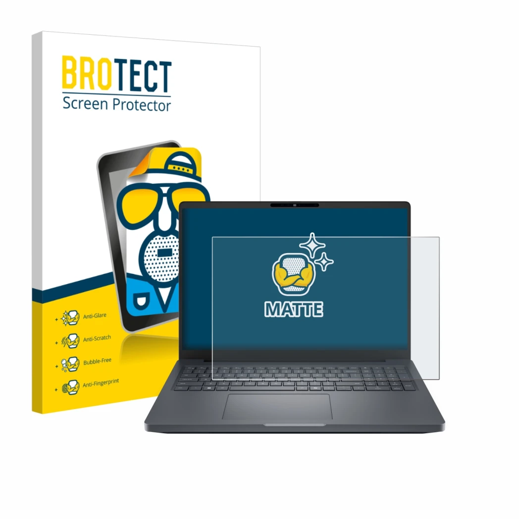 Parte frontal de un envase de producto con el logotipo de la marca BROTECT. Al lado se muestra el dispositivo Dell Pro Max 16 