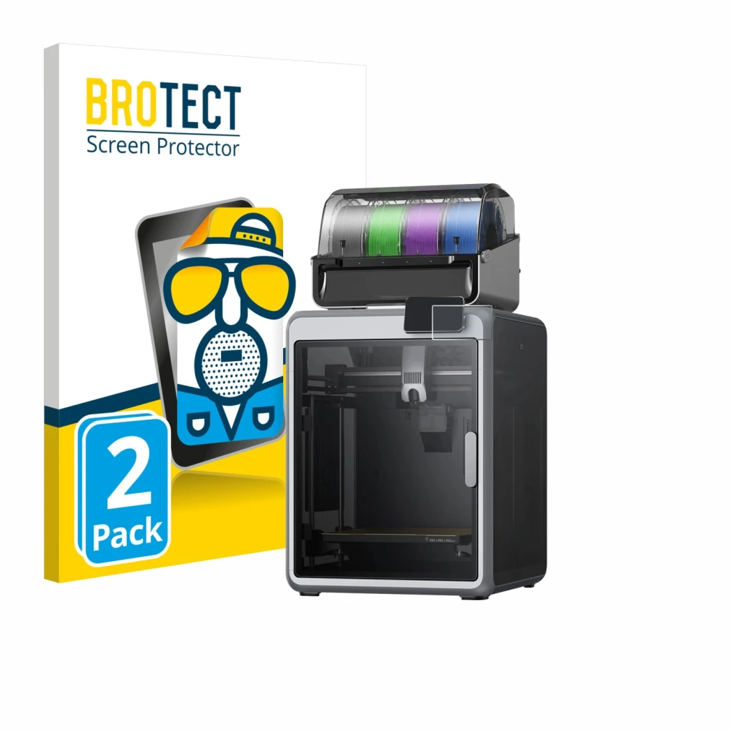 Parte frontal de un envase de producto con el logotipo de la marca BROTECT. Al lado se muestra el dispositivo Creality K2 con
