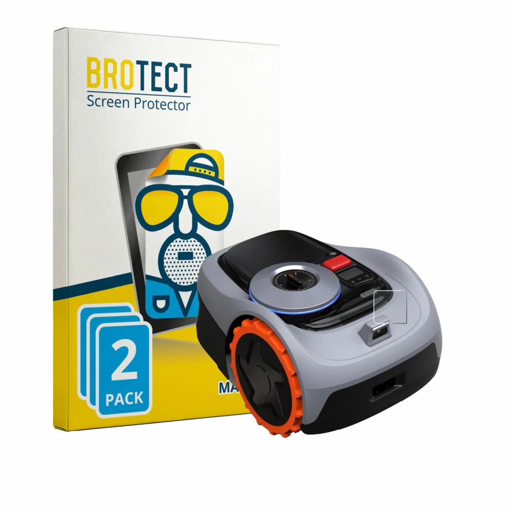 Parte frontal de un envase de producto con el logotipo de la marca BROTECT. Al lado se muestra el dispositivo Navimow i105E+ c