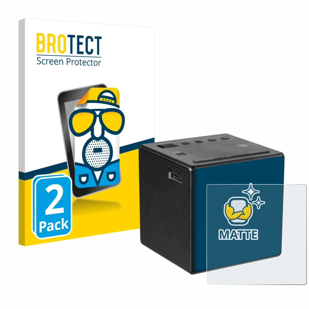 Parte frontal de un envase de producto con el logotipo de la marca BROTECT. Al lado se muestra el dispositivo Sony ICF-C1 con 