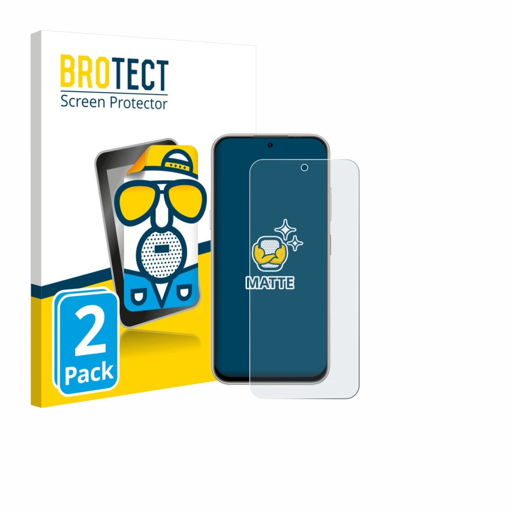 Parte frontal de un envase de producto con el logotipo de la marca BROTECT. Al lado se muestra el dispositivo Nubia V80 Pro co