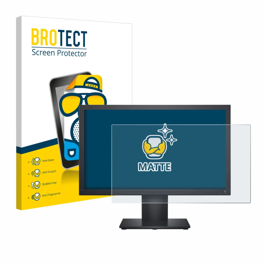 Parte frontal de un envase de producto con el logotipo de la marca BROTECT. Al lado se muestra el dispositivo Dell E1920H con