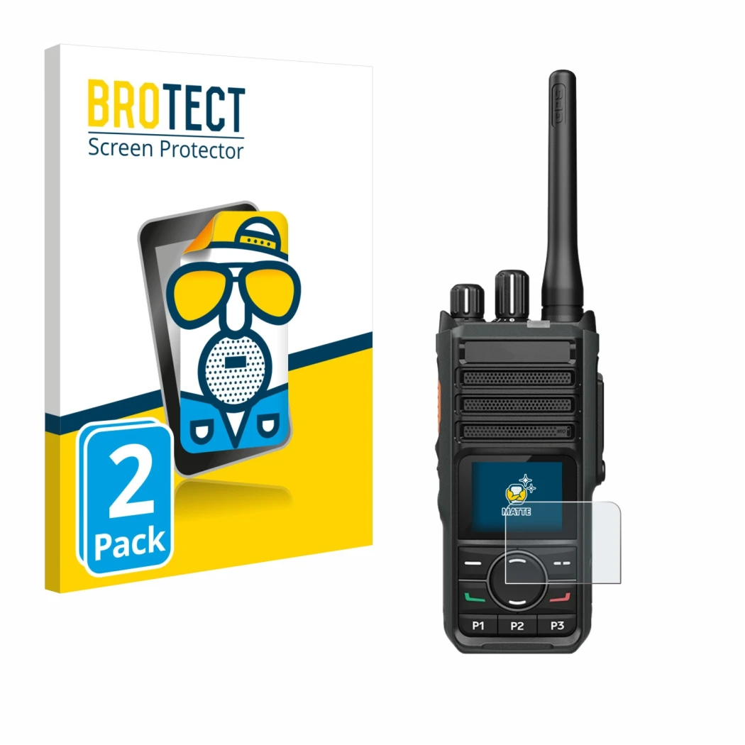 Parte frontal de un envase de producto con el logotipo de la marca BROTECT. Al lado se muestra el dispositivo Hytera HP565 con