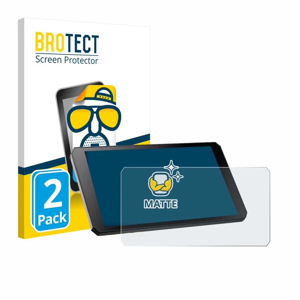 Parte frontal de un envase de producto con el logotipo de la marca BROTECT. Al lado se muestra el dispositivo RiderNav R7M con