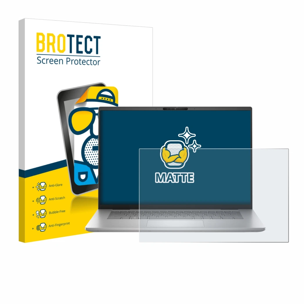 Parte frontal de un envase de producto con el logotipo de la marca BROTECT. Al lado se muestra el dispositivo Dell Inspiron 16