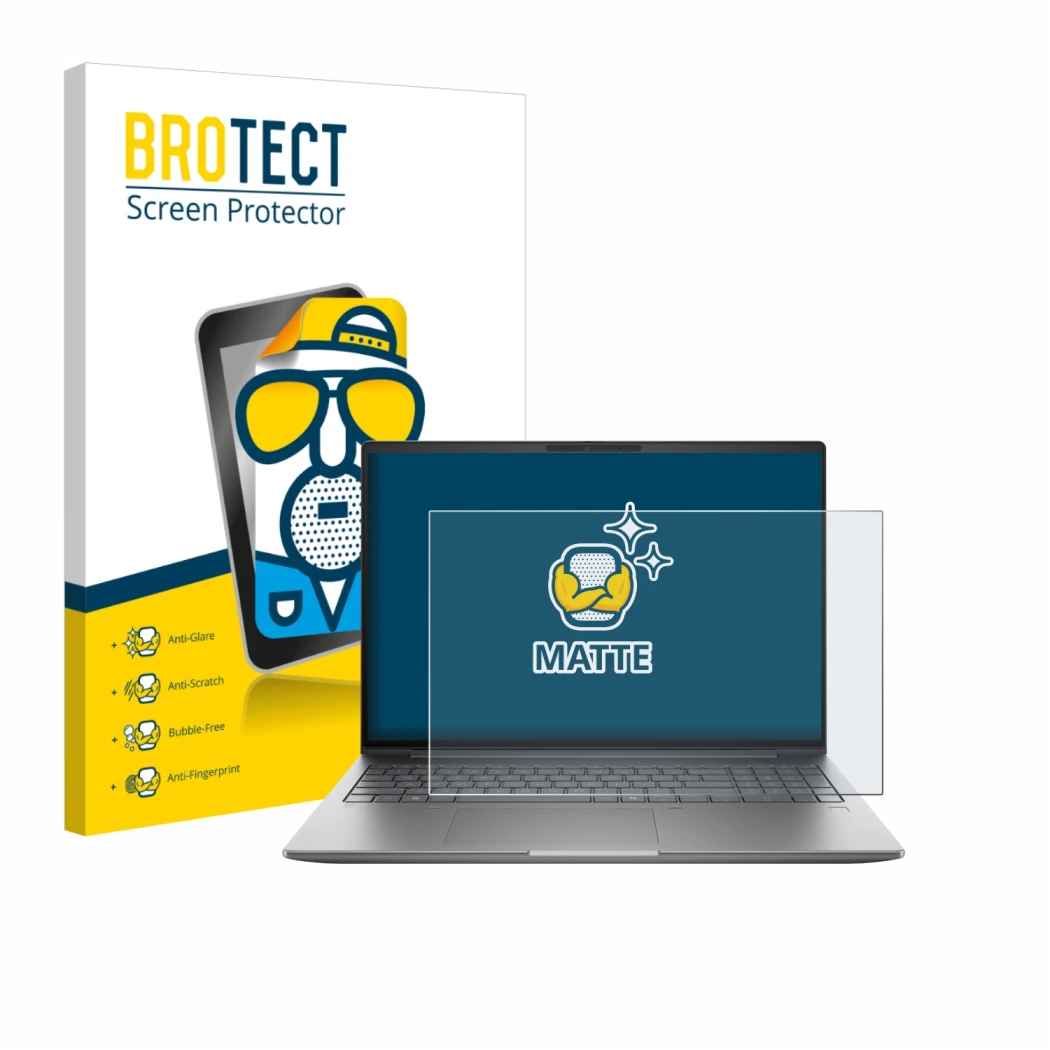 Parte frontal de un envase de producto con el logotipo de la marca BROTECT. Al lado se muestra el dispositivo HP Zbook X G1i 1