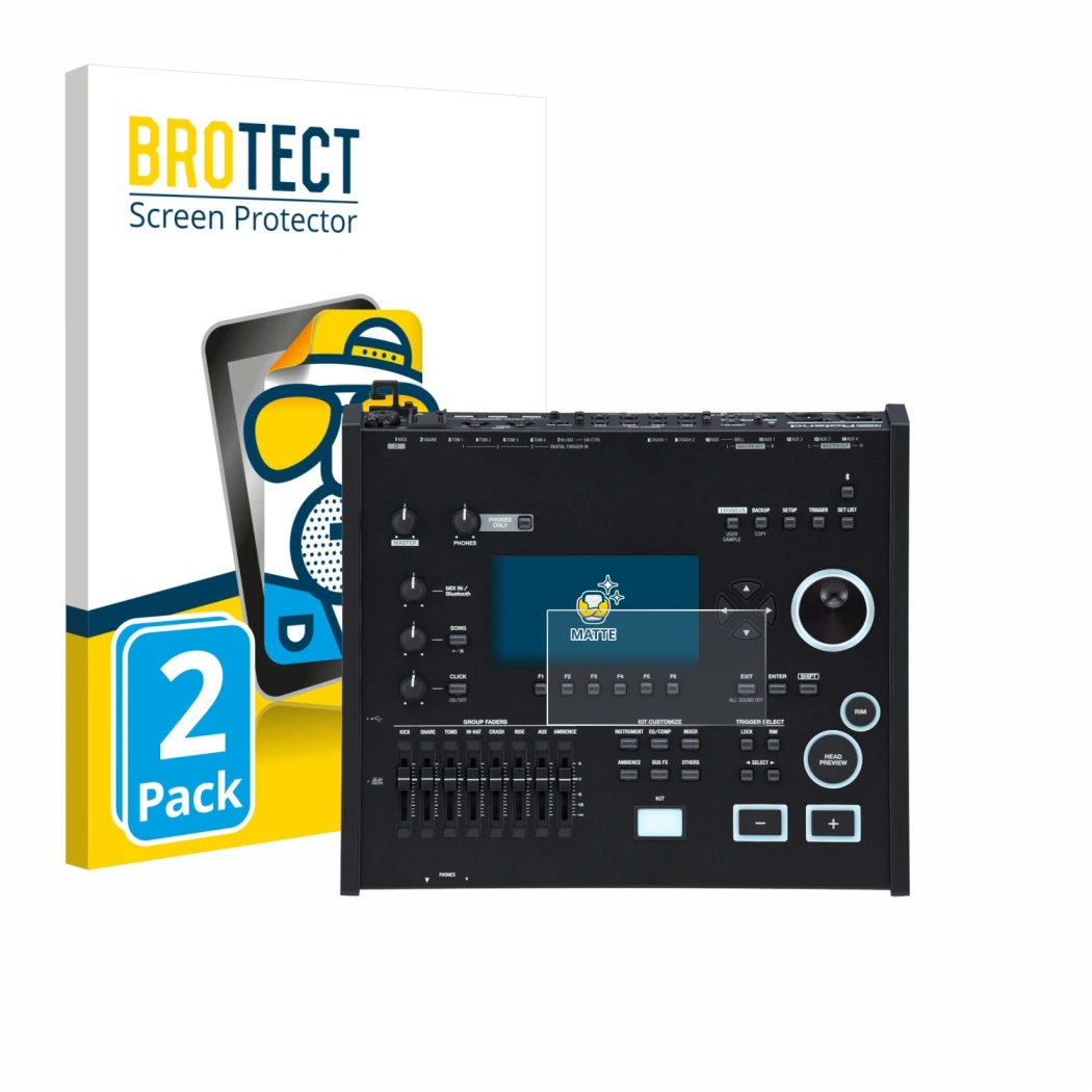 Parte frontal de un envase de producto con el logotipo de la marca BROTECT. Al lado se muestra el dispositivo Roland V71 con s