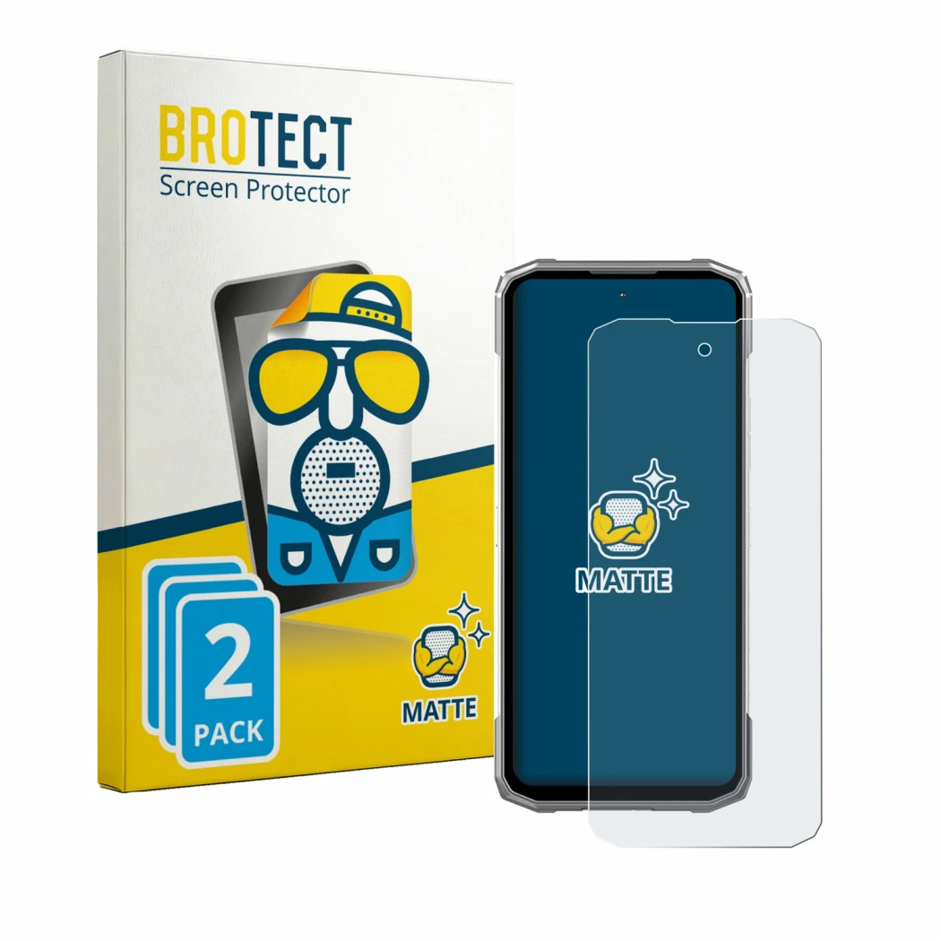 Parte frontal de un envase de producto con el logotipo de la marca BROTECT. Al lado se muestra el dispositivo Doogee Blade 20