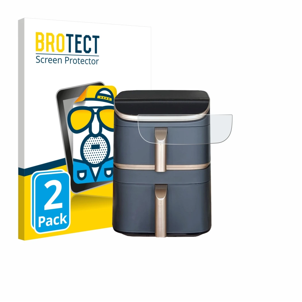 Parte frontal de un envase de producto con el logotipo de la marca BROTECT. Al lado se muestra el dispositivo Cosori Turbo Tow