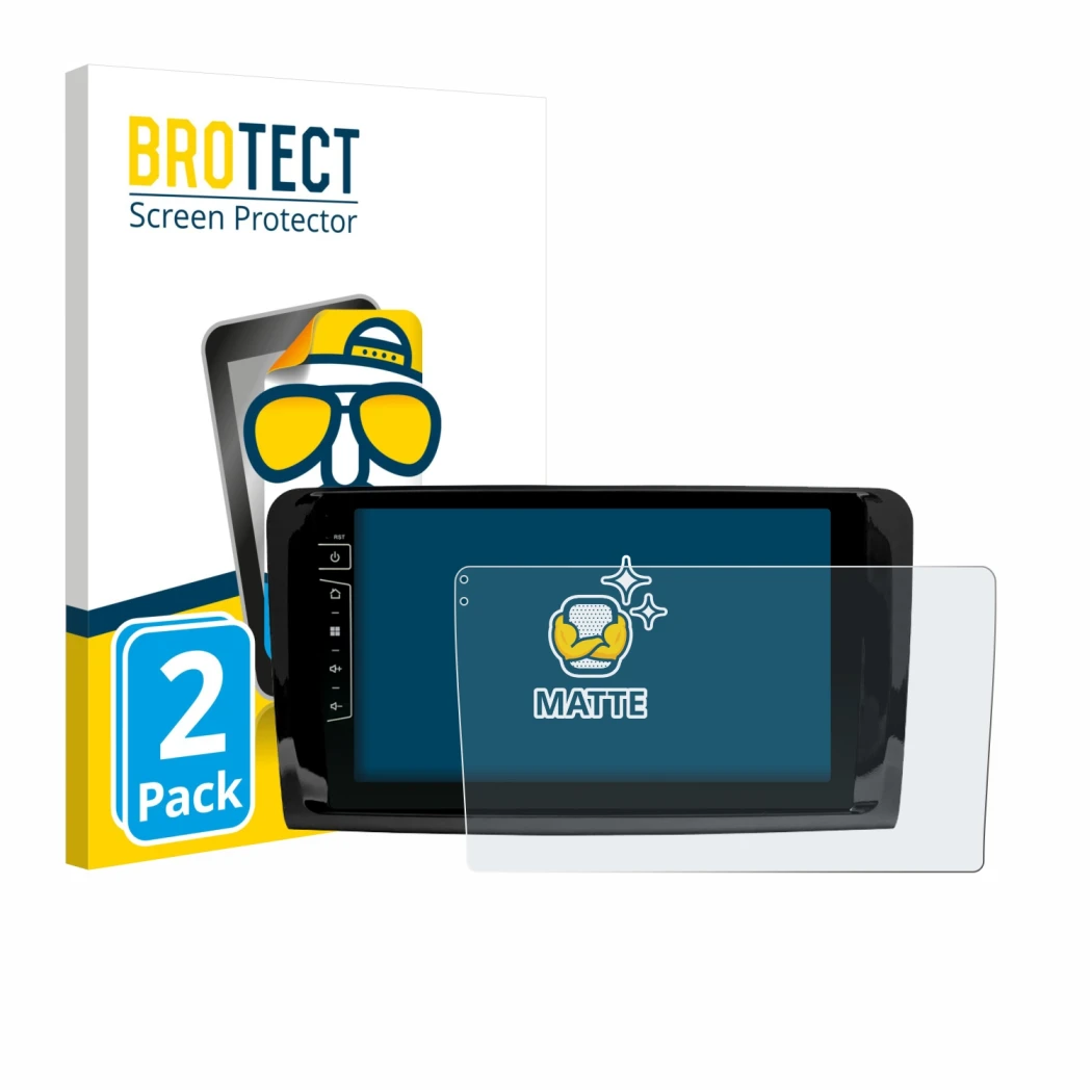 Parte frontal de un envase de producto con el logotipo de la marca BROTECT. Al lado se muestra el dispositivo Dynavin D9-DF432