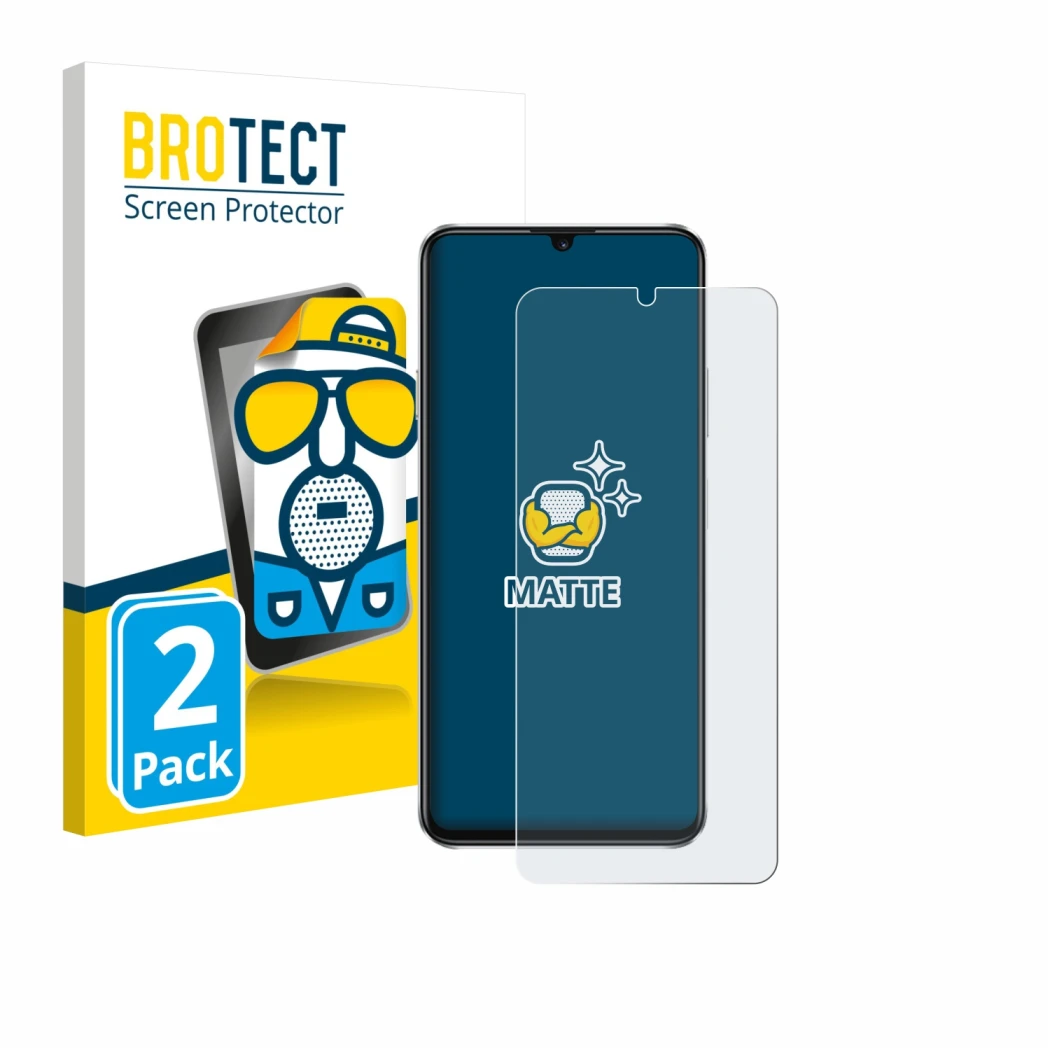 Parte frontal de un envase de producto con el logotipo de la marca BROTECT. Al lado se muestra el dispositivo Huawei Nova Y63