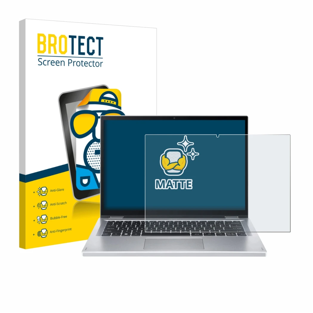 Parte frontal de un envase de producto con el logotipo de la marca BROTECT. Al lado se muestra el dispositivo Acer Aspire Go S