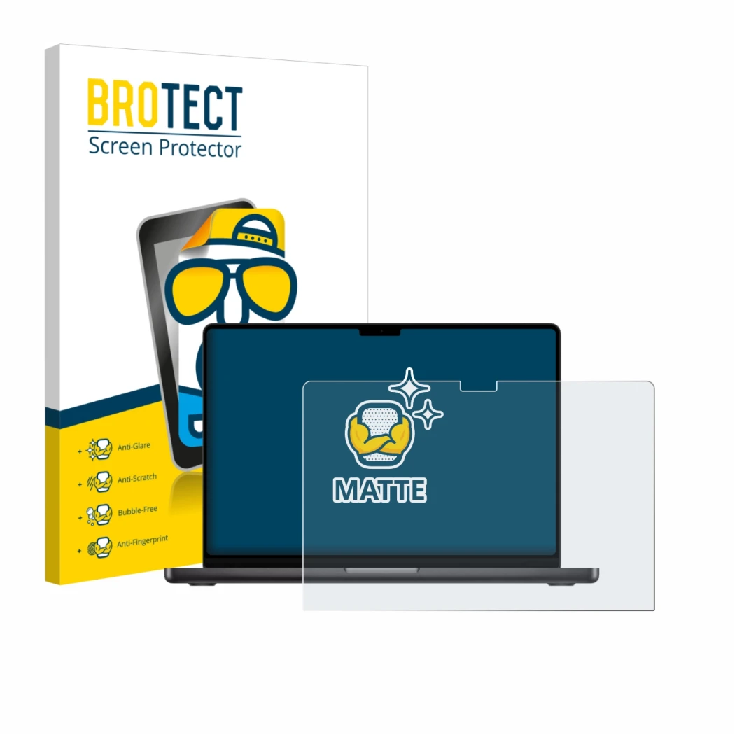 Parte frontal de un envase de producto con el logotipo de la marca BROTECT. Al lado se muestra el dispositivo Apple MacBook Pr