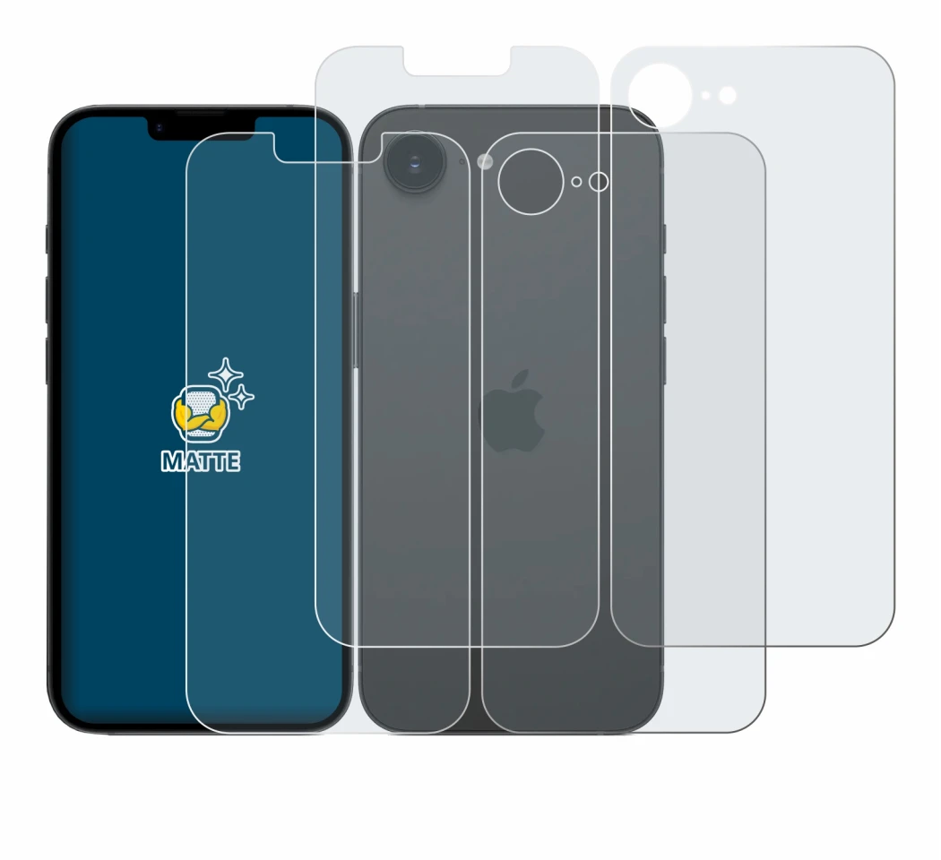 Imagen del dispositivo Apple iPhone 17e (Frontal+Trasero) con una amplia variedad de protectores de pantalla.