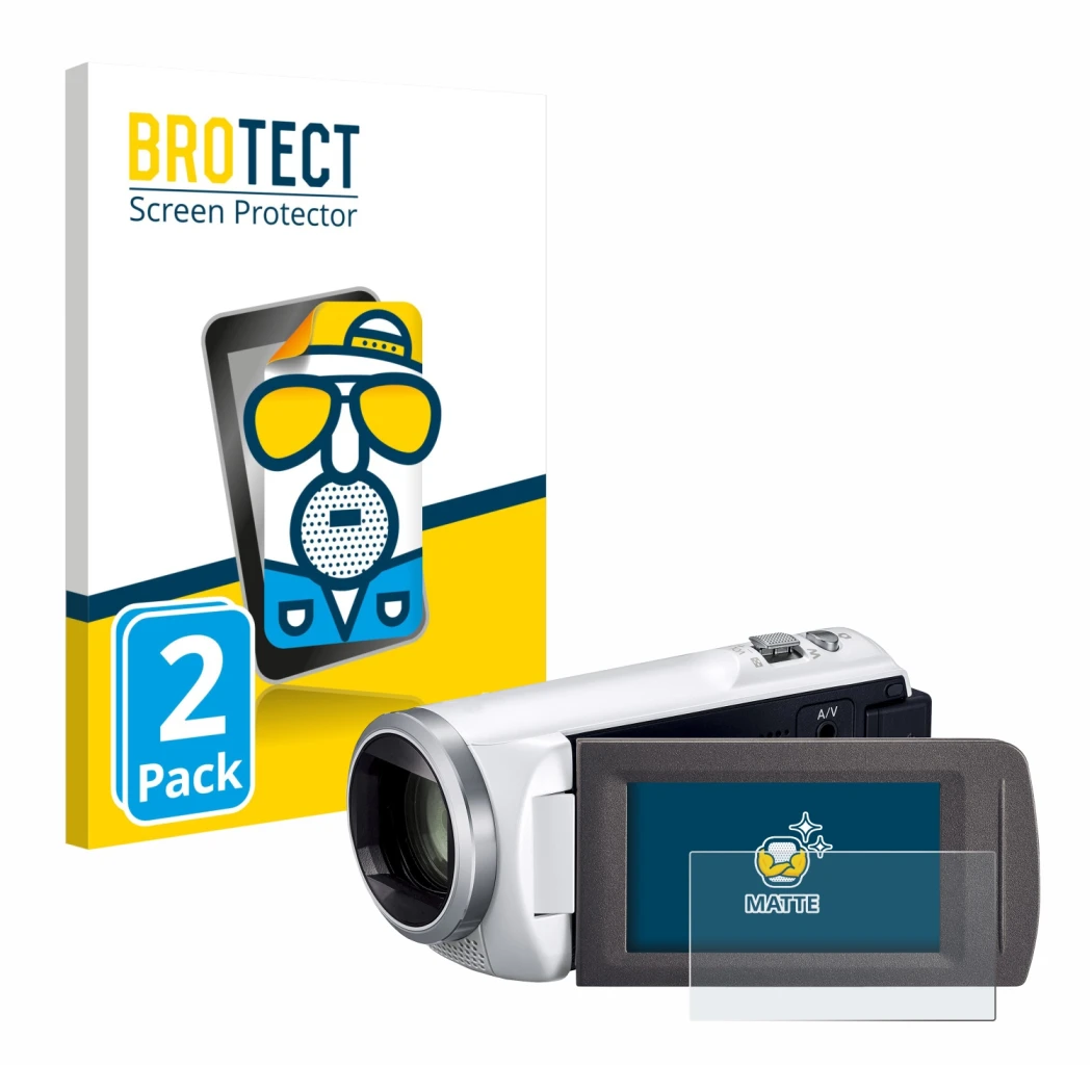 Parte frontal de un envase de producto con el logotipo de la marca BROTECT. Al lado se muestra el dispositivo Panasonic HC-V48