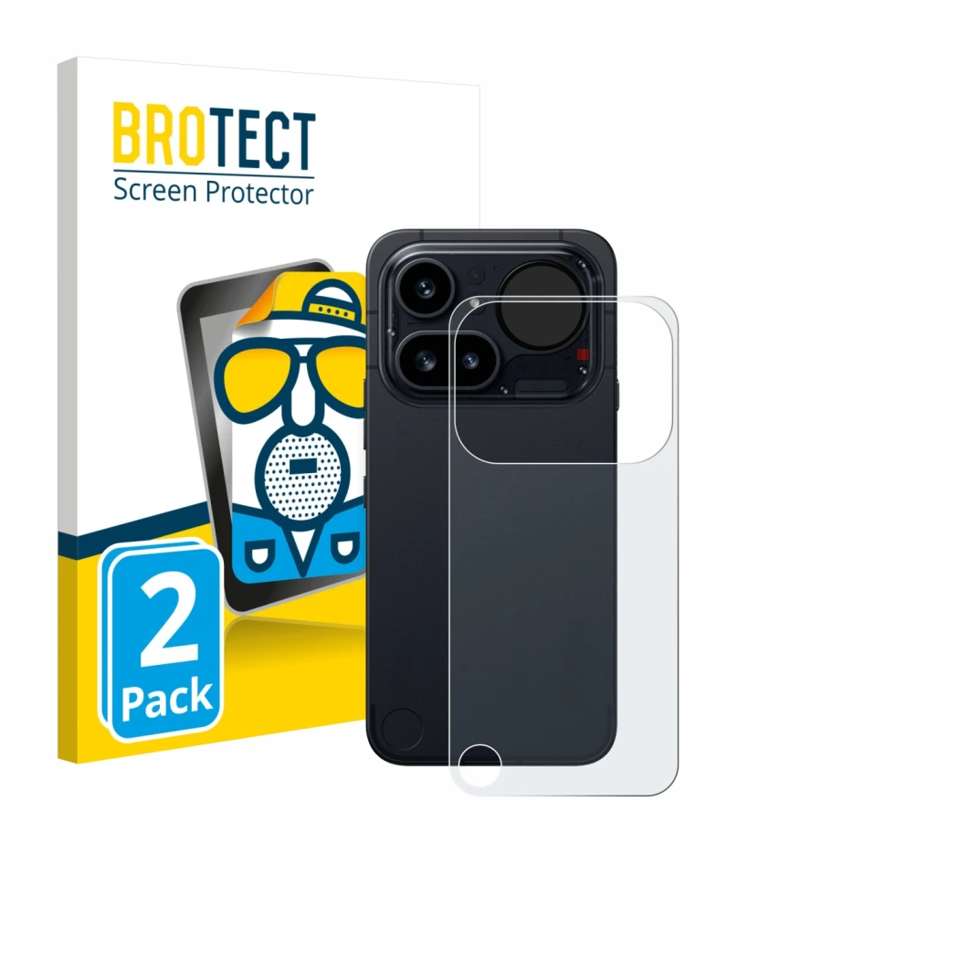 Parte frontal de un envase de producto con el logotipo de la marca BROTECT. Al lado se muestra el dispositivo Nothing Phone (4