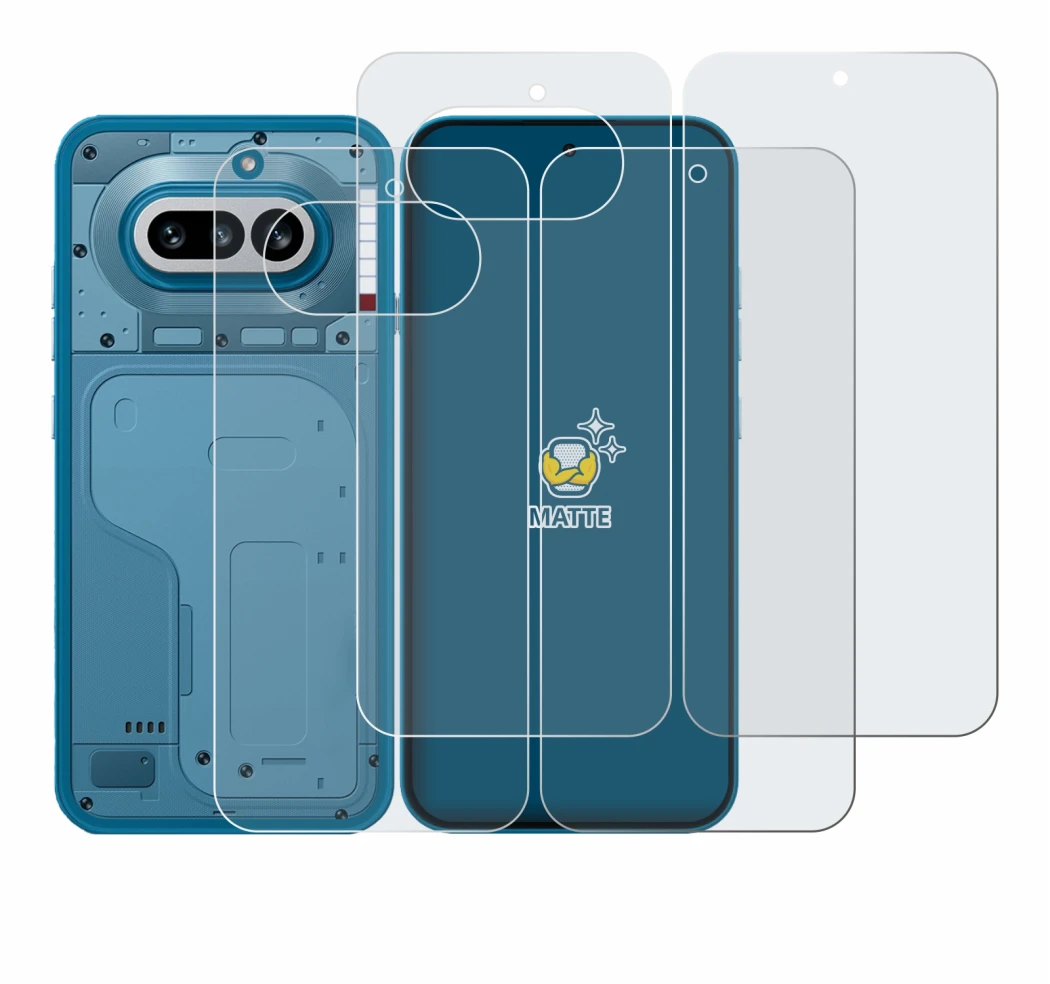 Imagen del dispositivo Nothing Phone (4a) (Frontal+Trasero) con una amplia variedad de protectores de pantalla.