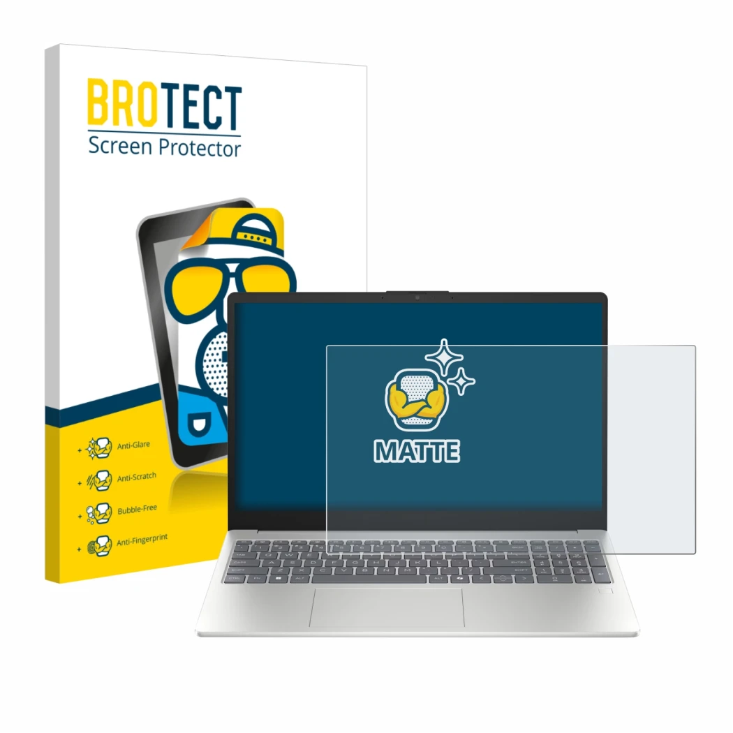 Parte frontal de un envase de producto con el logotipo de la marca BROTECT. Al lado se muestra el dispositivo HP Laptop 15-fd0