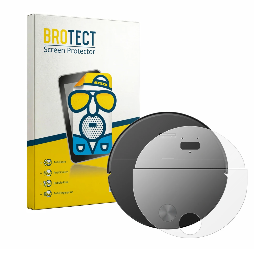 Parte frontal de un envase de producto con el logotipo de la marca BROTECT. Al lado se muestra el dispositivo Roborock Saros 2