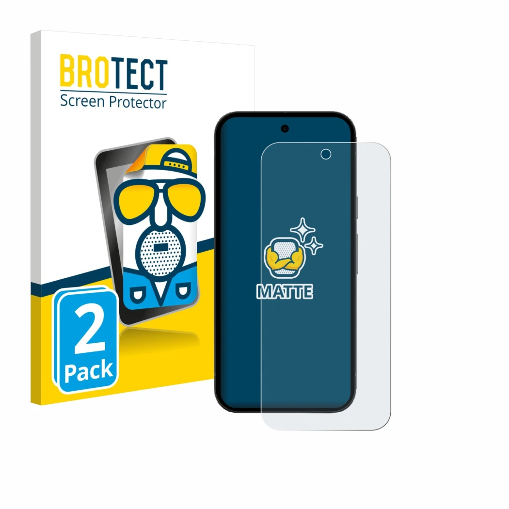 Parte frontal de un envase de producto con el logotipo de la marca BROTECT. Al lado se muestra el dispositivo Google Pixel 10a