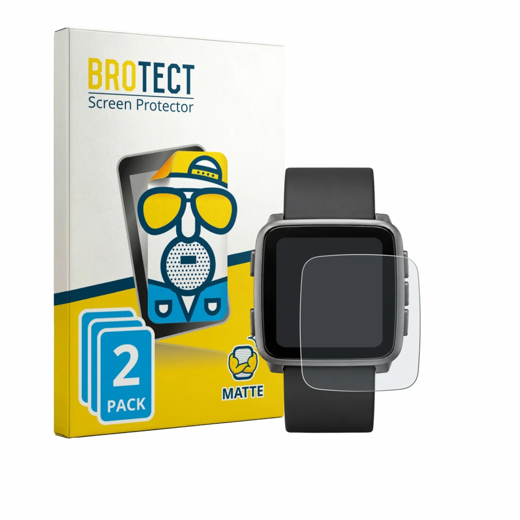 Parte frontal de un envase de producto con el logotipo de la marca BROTECT. Al lado se muestra el dispositivo Pebble Time 2 20