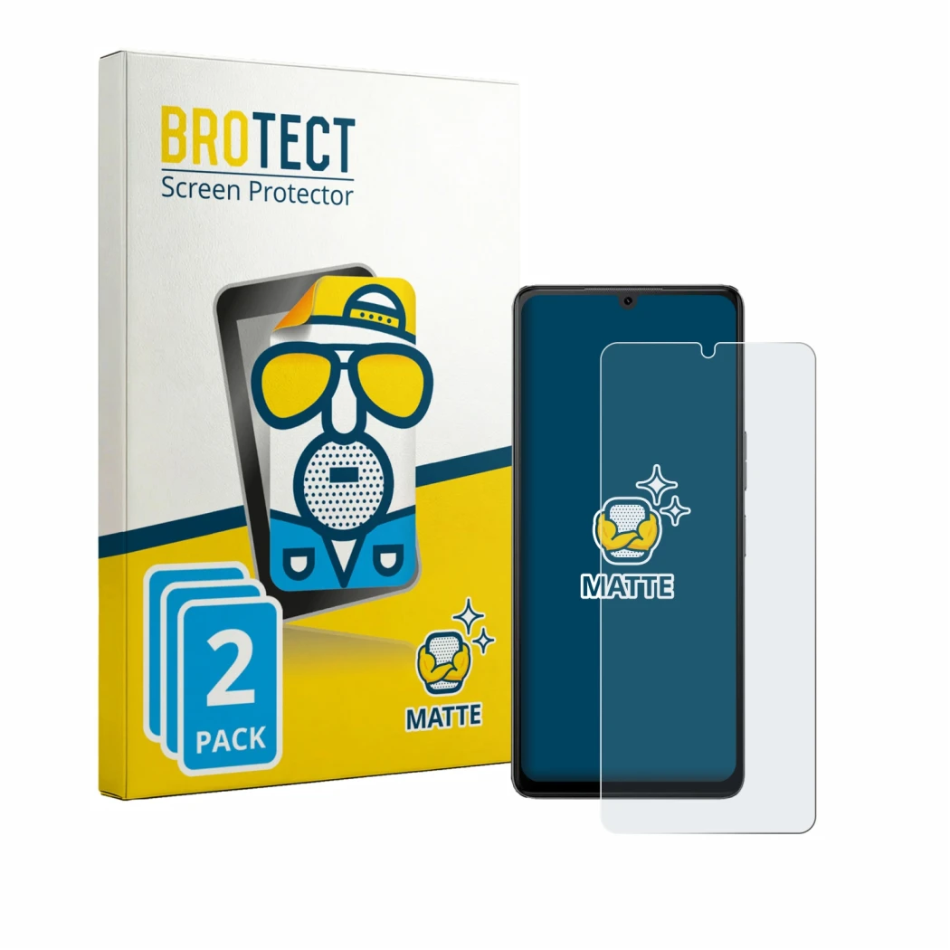 Parte frontal de un envase de producto con el logotipo de la marca BROTECT. Al lado se muestra el dispositivo Cubot P90 con su