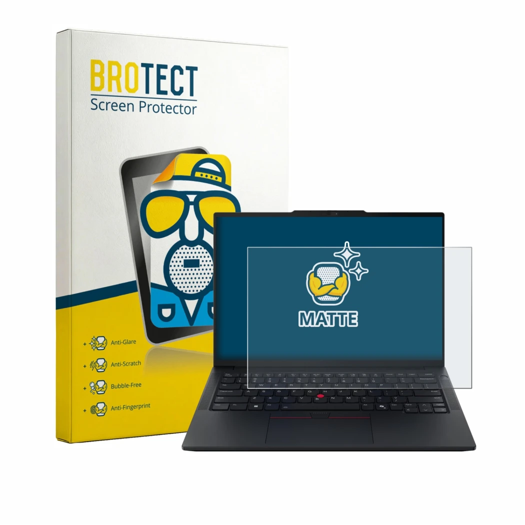 Parte frontal de un envase de producto con el logotipo de la marca BROTECT. Al lado se muestra el dispositivo Lenovo ThinkPad