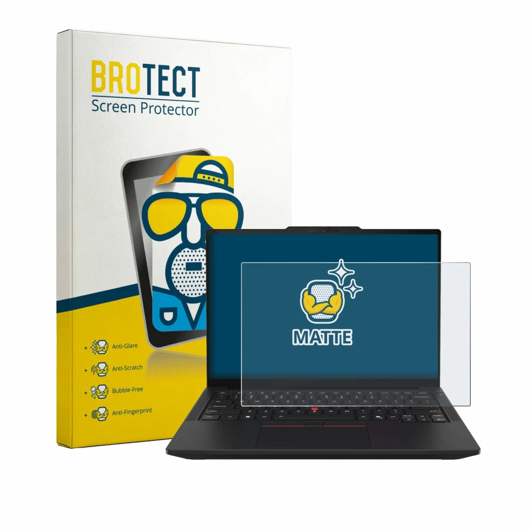 Parte frontal de un envase de producto con el logotipo de la marca BROTECT. Al lado se muestra el dispositivo Lenovo ThinkPad